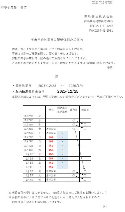 長期休暇配送体制の連絡